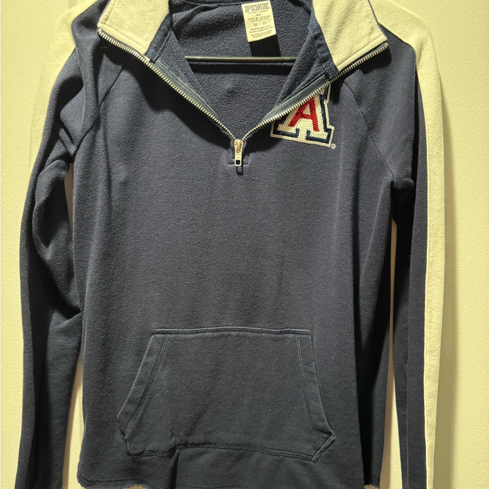 PINK Victoria's Secret Navy and White Quarter-Zip Hoodie